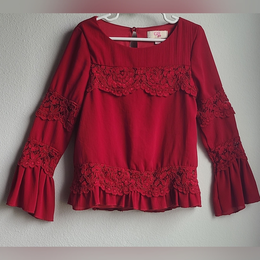 GB Girls - Girl's Deep Red LS Lace Blouse, Sz Small